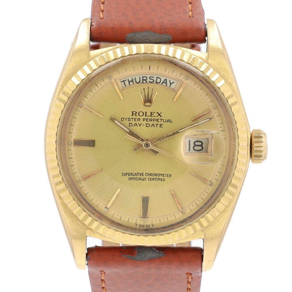 Rolex Day-Date 1803 36mm Champagne Index Dial Fluted Bezel Leather Band
